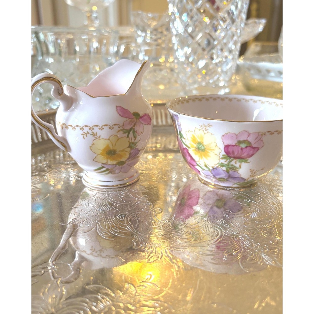 Vtg Tuscan English Bone China Creamer & Sugar Bowl Set Pink Floral Cottagecore